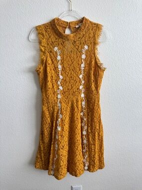 Mustard Yellow Lace Fit & Flare Dress with Floral Embroidery Size L
